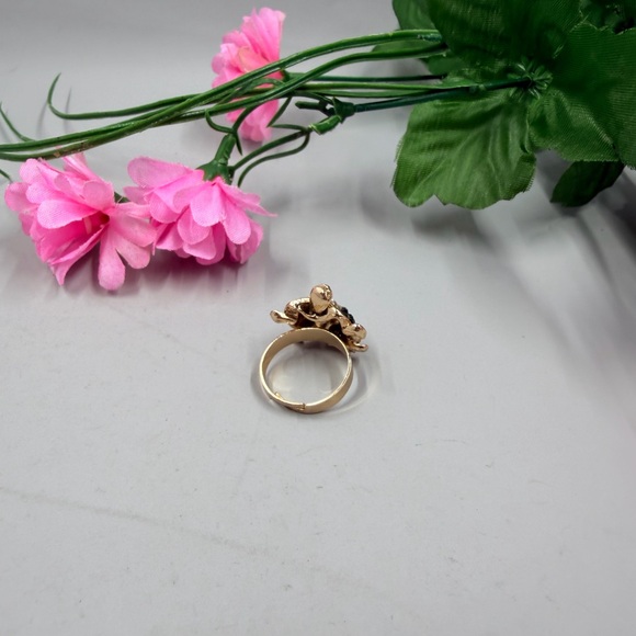 Gold Turtle Cocktail Ring with Black and Clear Crystals with Aurora Borealis - Picture 6 of 7